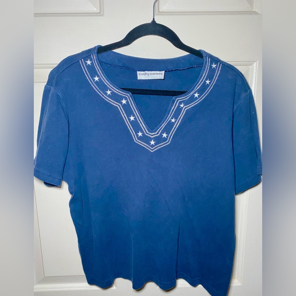 Womans‎ Cathy Daniels Navy Nautical Twill w/Embroidery Stars Pullover Top Size L